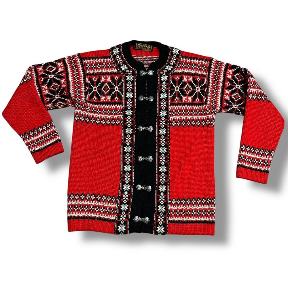 Vintage Nordstrikk Nordic Sweater Wool Cardigan Red Black Fair Isle Clasp Sz S